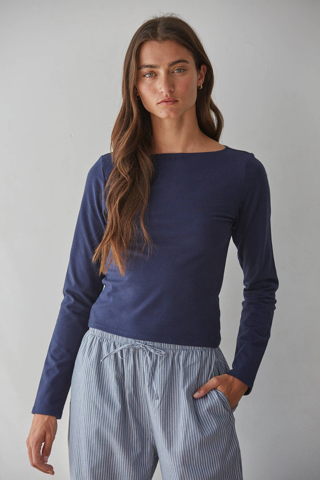 By Together | Knit Cotton Spandex Boat Neck Long Sleeve Top