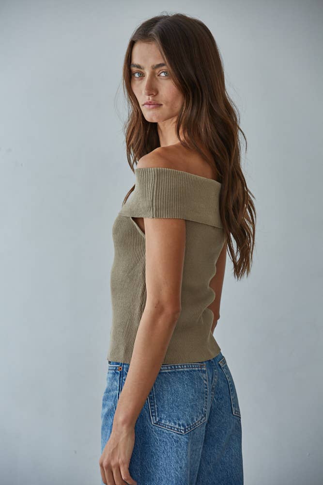 By Together | Knit Sweater Ribbed Fold Over Off The Shoulder Top
