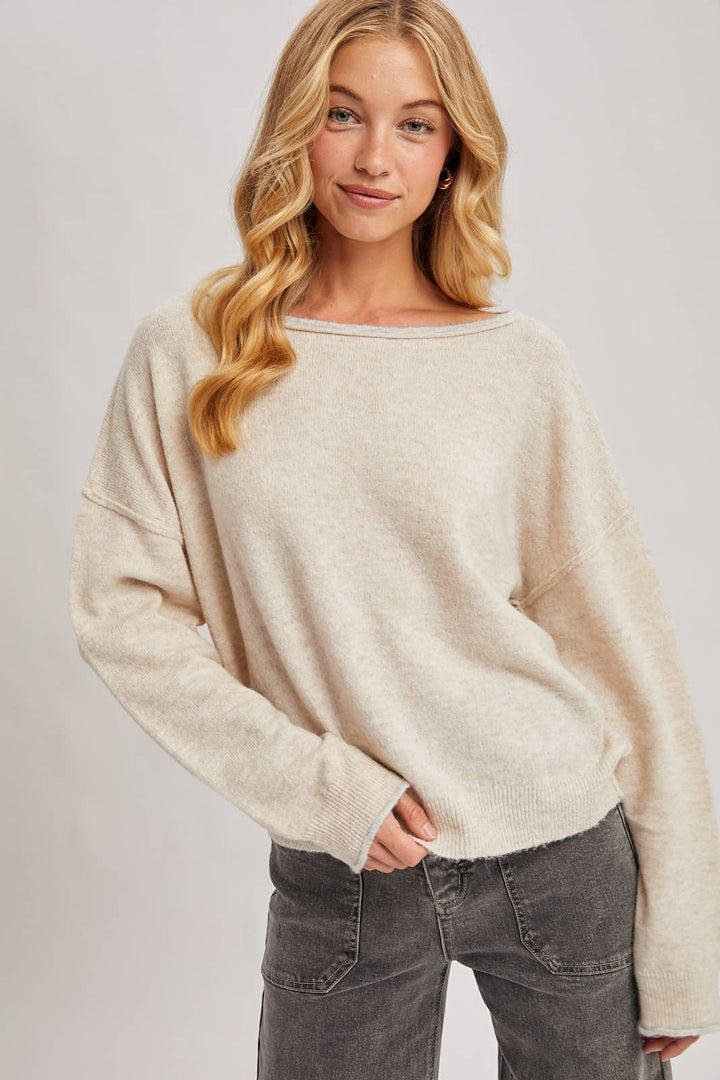 Bluivy | Boat Neck Rolled Trim Soft Heathered Knit Pullover