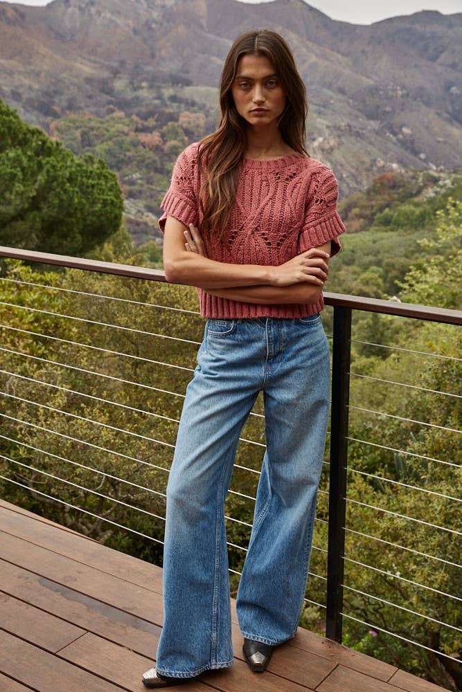 By Together | Knit Sweater Crochet Round Neck Short Sleeve Top