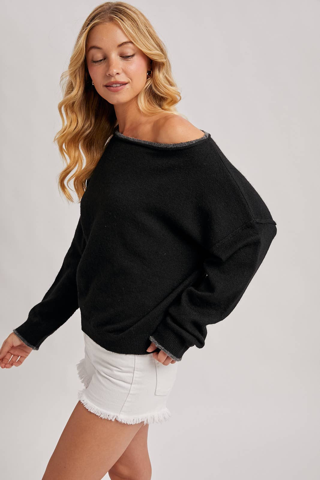 Bluivy | Boat Neck Rolled Trim Soft Heatherd Knit Pullover