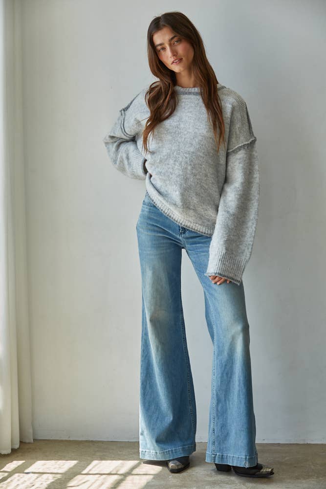 By Together  | Knit Sweater Crew Neck Pullover Top With Rolled Edge