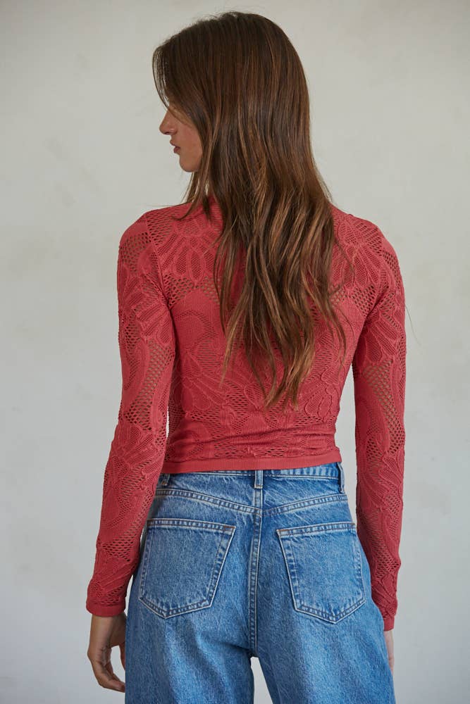 By Together | Knit Seamless Jacquard Mock Neck Long Sleeve Top