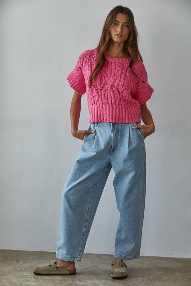 By Together | Knit Sweater Crochet Round Neck Short Sleeve Top