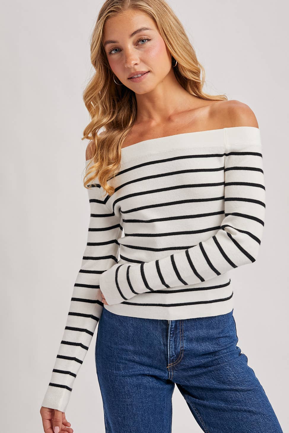 Bluivy | Striped Off The Shoulder Long Sleeved Knit Top