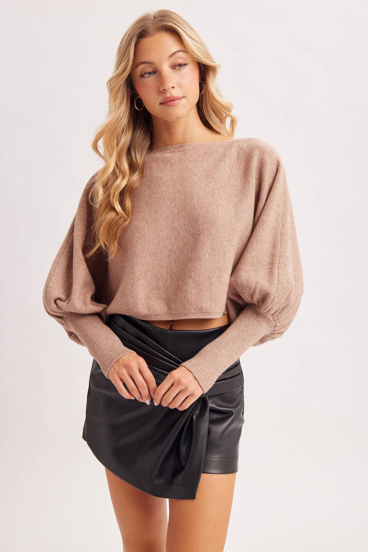 Bluivy | Cropped Boat Neck Balloon Sleeved Knit Sweater