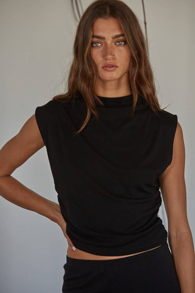 By Together | Knit Jersey Ruched Side Detail Mock Neck Top