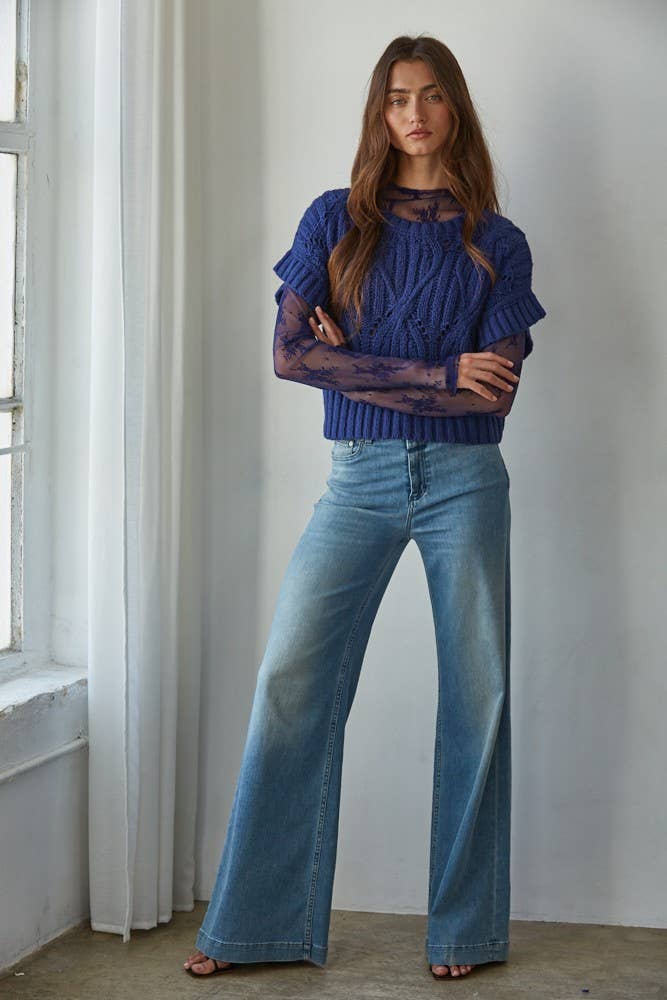 By Together | Knit Sweater Crochet Round Neck Short Sleeve Top