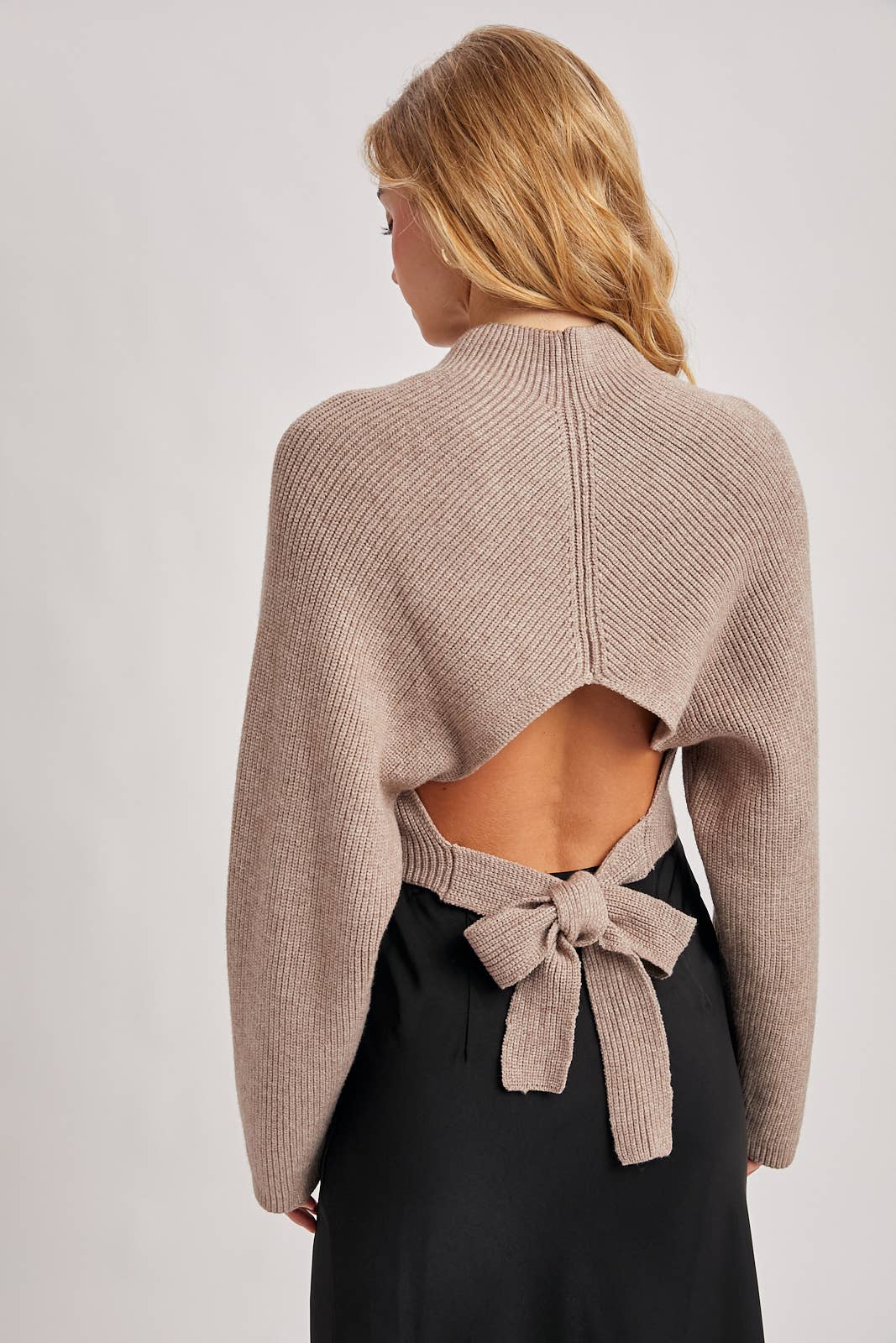 Bluivy | Mock Neck Open Back Ribbed Knit Tie Sweater Top