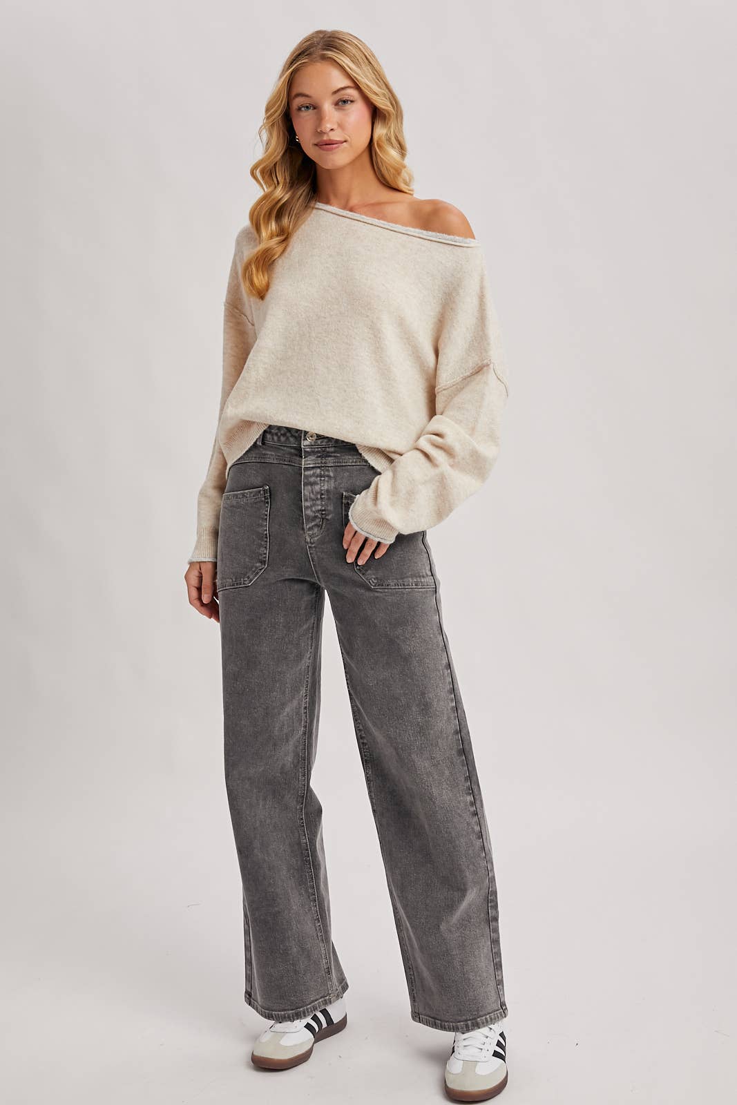 Bluivy | Boat Neck Rolled Trim Soft Heathered Knit Pullover