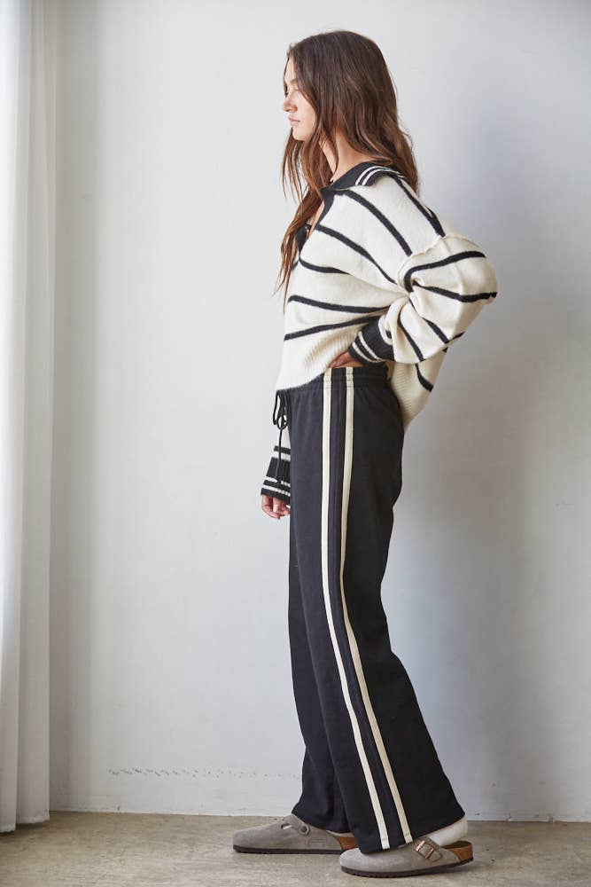 By Together | Knit Sweater Striped Collar V-Neck Long Sleeve Top