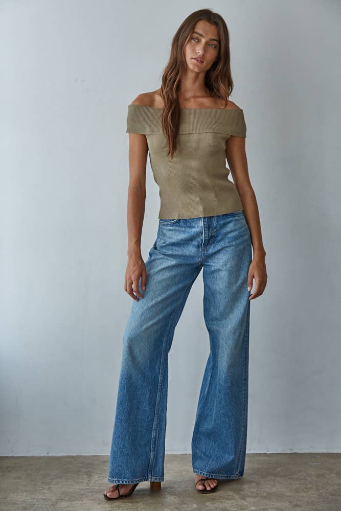 By Together | Knit Sweater Ribbed Fold Over Off The Shoulder Top