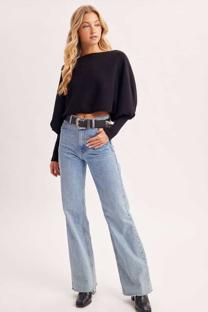 Bluivy | Cropped Boat Neck Balloon Sleeved Knit Sweater