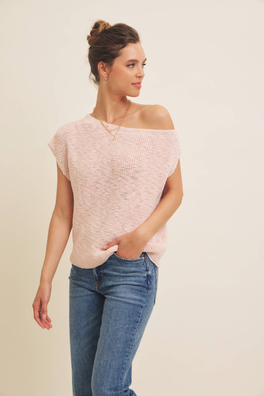 in february  | Slub Textured Lightweight One-Shoulder Sweater Top