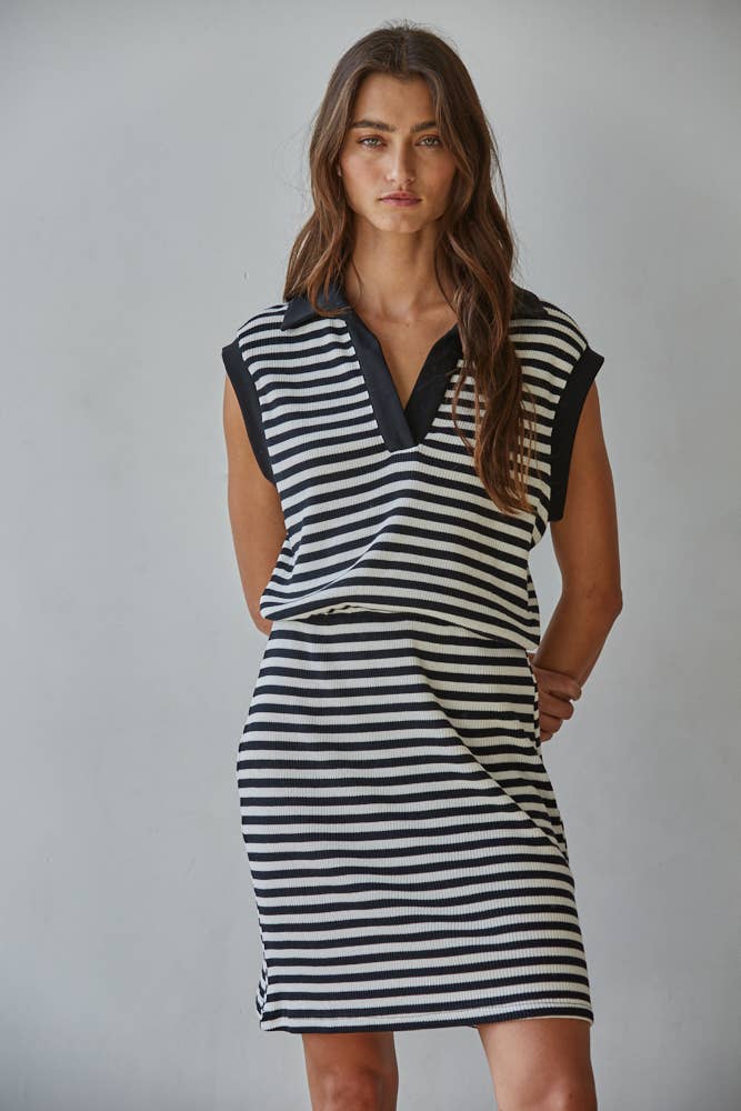 By Together | Knit Cotton Spandex Striped Ribbed V-Neck Polo Mini
