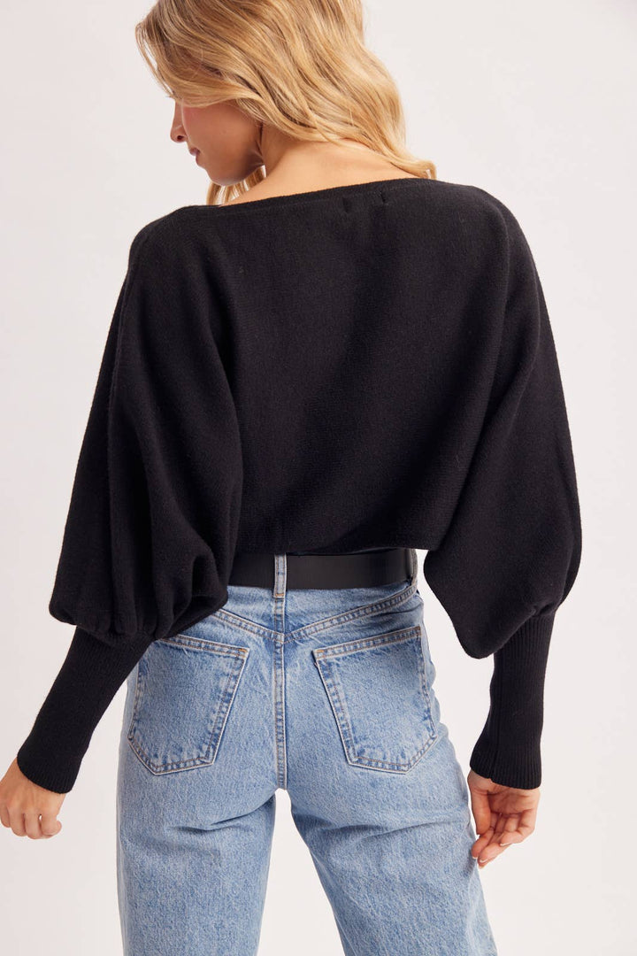 Bluivy | Cropped Boat Neck Balloon Sleeved Knit Sweater