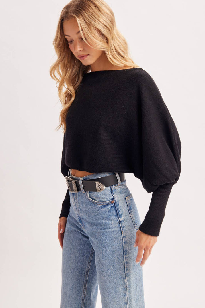 Bluivy | Cropped Boat Neck Balloon Sleeved Knit Sweater
