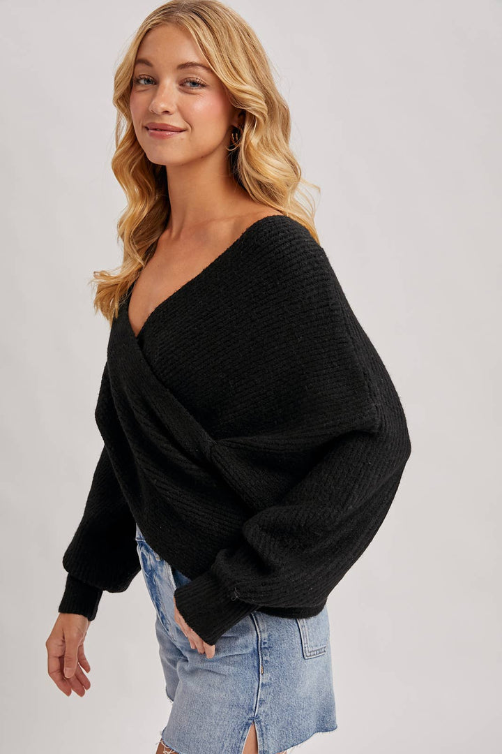 Bluivy | Wrap Crossover Ribbed Fuzzy Knit Sweater