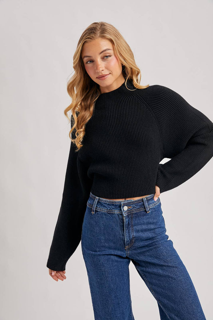 Bluivy | Mock Neck Open Back Ribbed Knit Tie Sweater Top