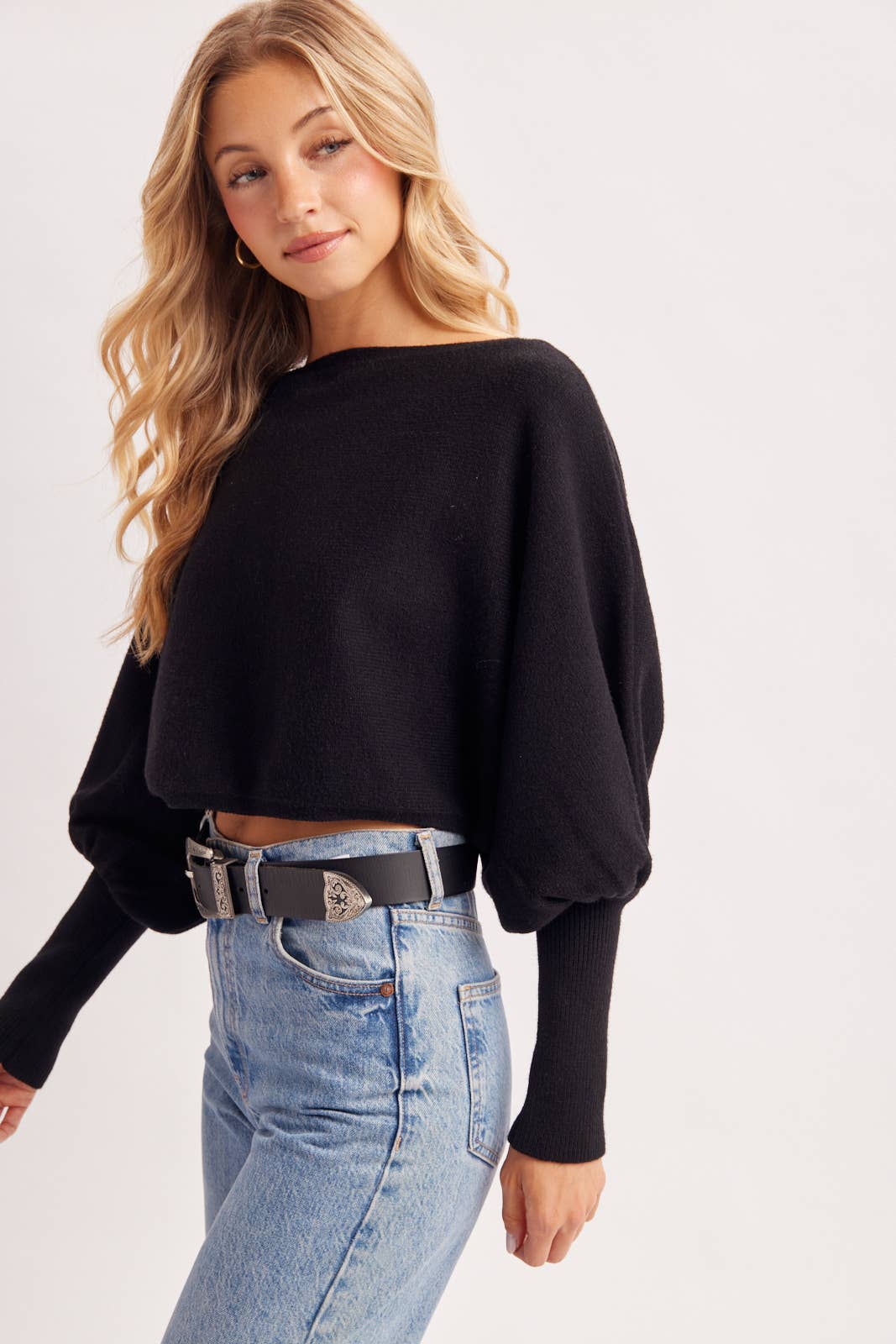 Bluivy | Cropped Boat Neck Balloon Sleeved Knit Sweater