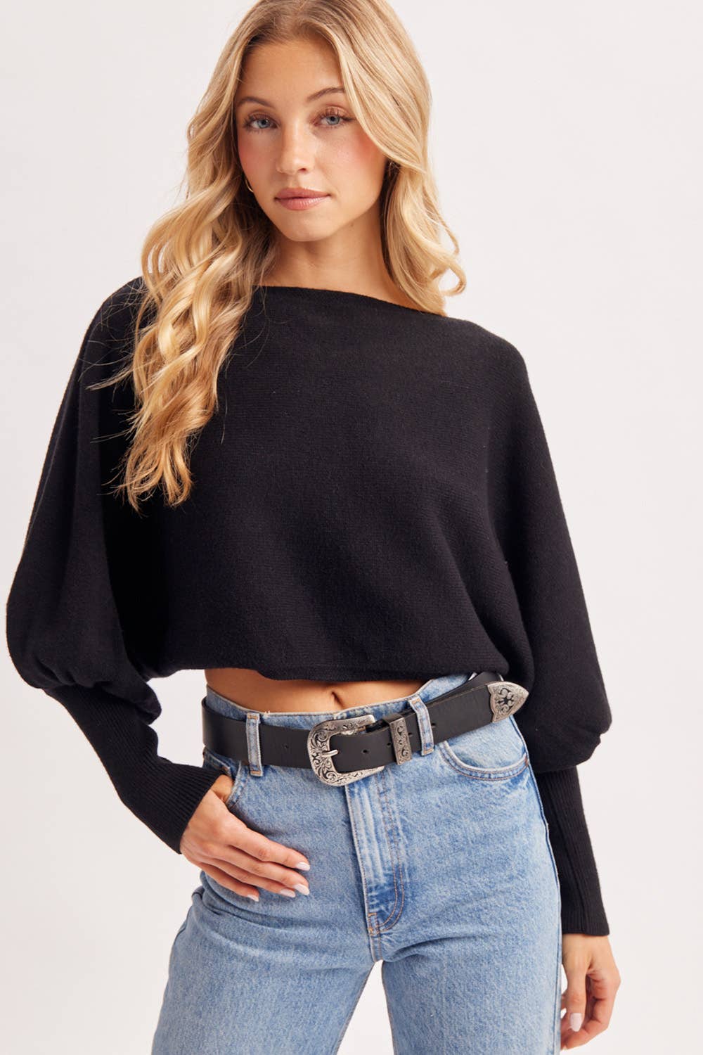 Bluivy | Cropped Boat Neck Balloon Sleeved Knit Sweater