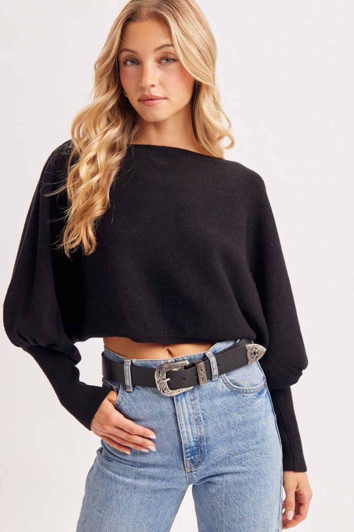 Bluivy | Cropped Boat Neck Balloon Sleeved Knit Sweater
