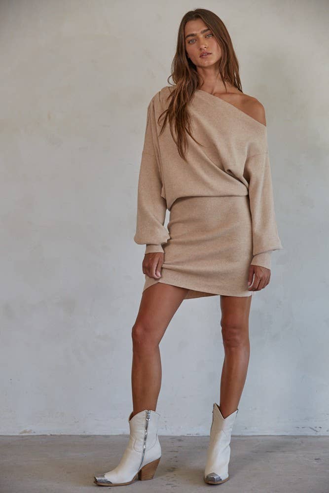 By Together | Knit Sweater One Side Off The Shoulder Mini Dress