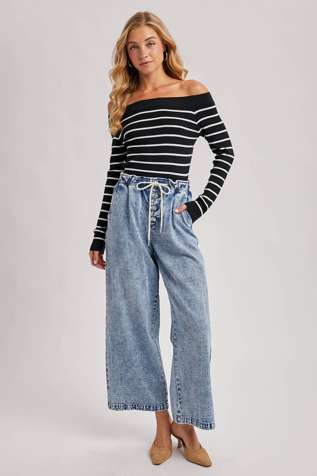 Bluivy | STRIPED OFF THE SHOULDER LONG SLEEVED KNIT TOP