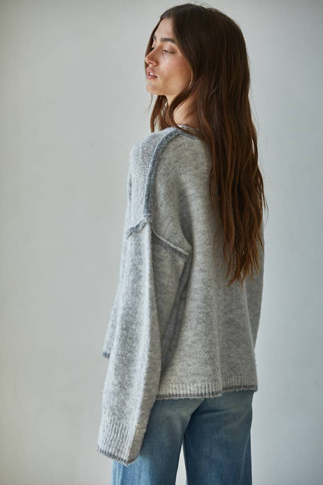 By Together  | Knit Sweater Crew Neck Pullover Top With Rolled Edge