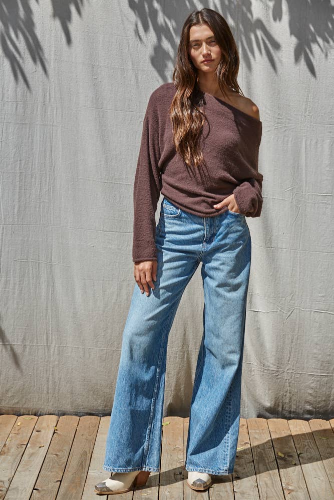 By Together  | Knit Sweater Boat Neck Long Sleeve Pullover Top