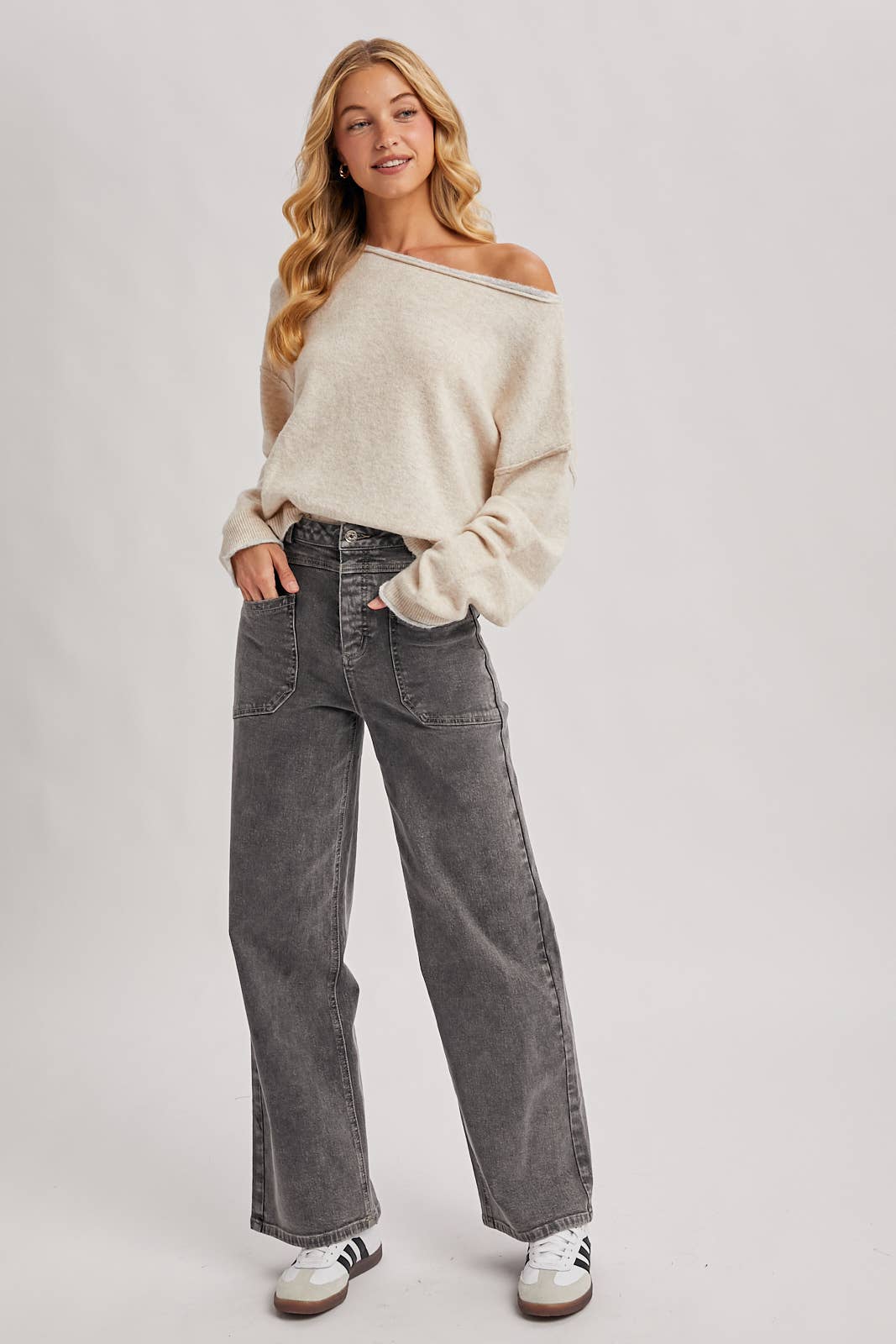 Bluivy | Boat Neck Rolled Trim Soft Heathered Knit Pullover