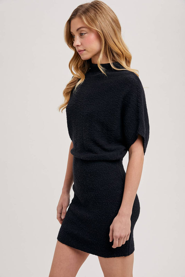 Bluivy | Mock Neck Dolman Sleeved Knit Sweater Mini Dress