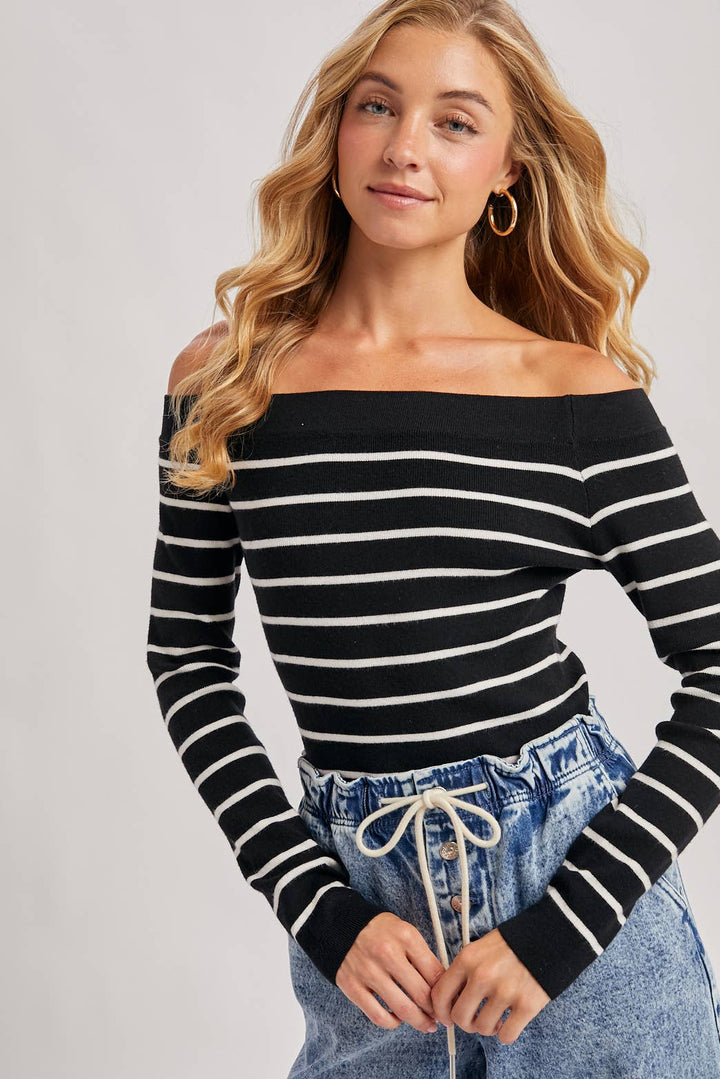 Bluivy | STRIPED OFF THE SHOULDER LONG SLEEVED KNIT TOP
