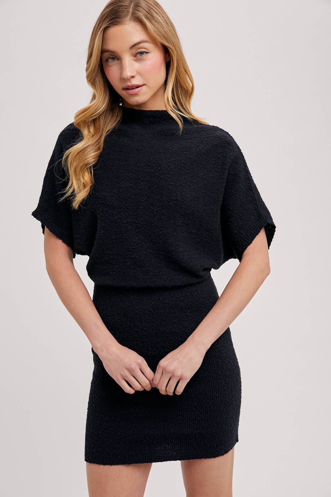 Bluivy | Mock Neck Dolman Sleeved Knit Sweater Mini Dress