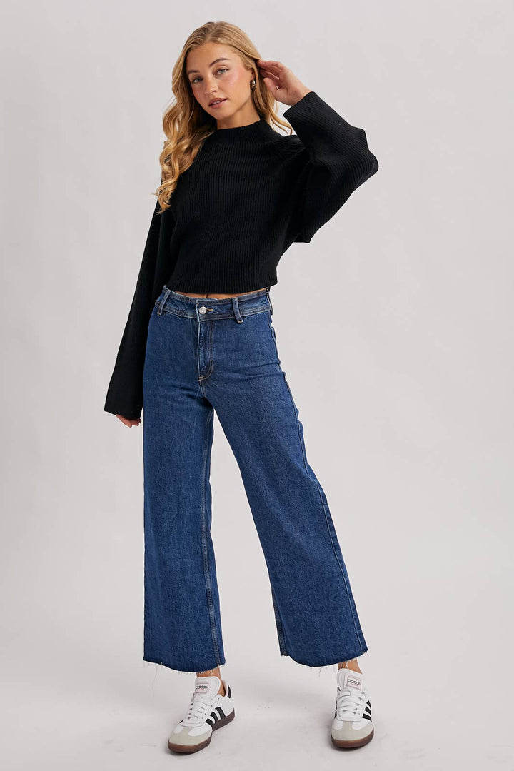 Bluivy | Mock Neck Open Back Ribbed Knit Tie Sweater Top