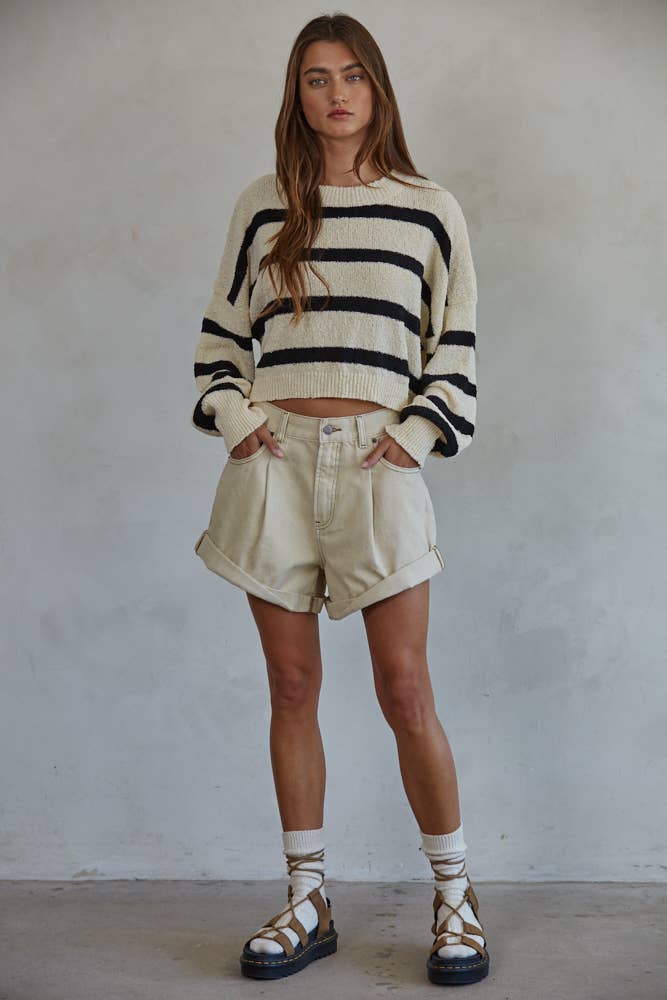 By Together  | Knit Sweater Striped Crewneck Long Sleeve Top
