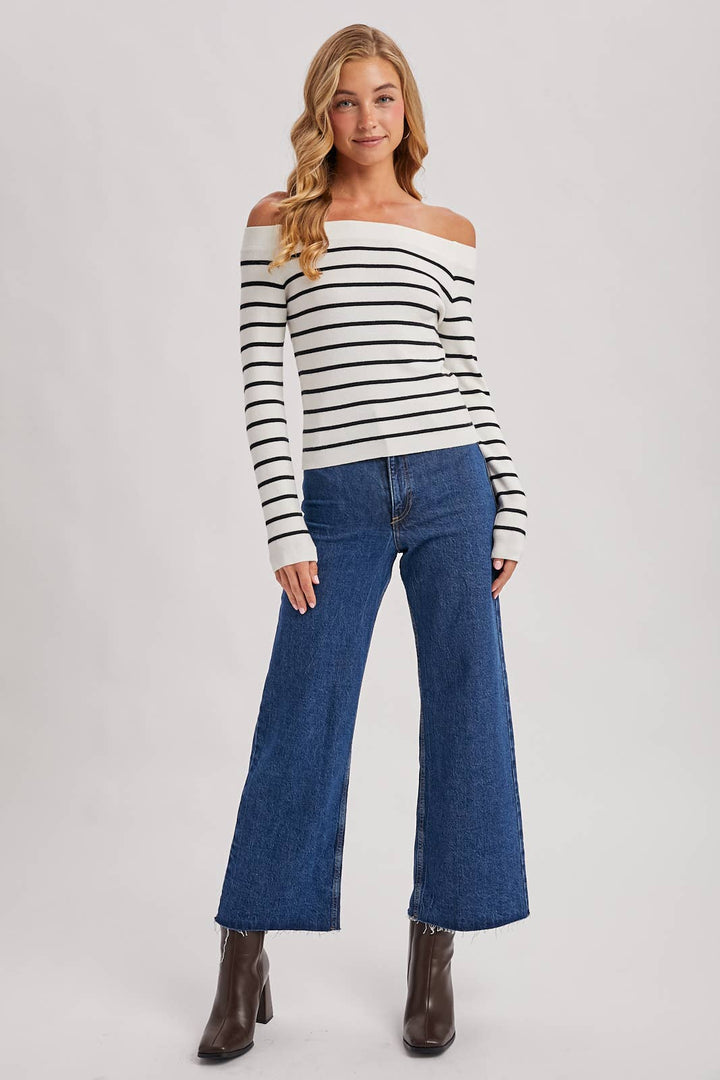 Bluivy | Striped Off The Shoulder Long Sleeved Knit Top