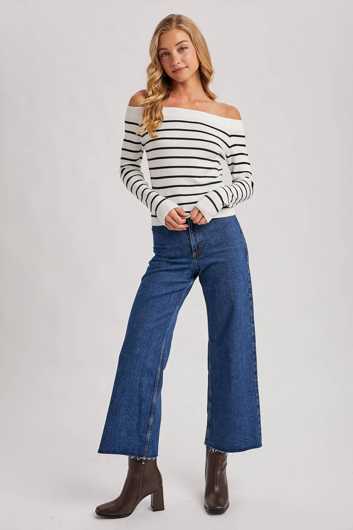 Bluivy | Striped Off The Shoulder Long Sleeved Knit Top