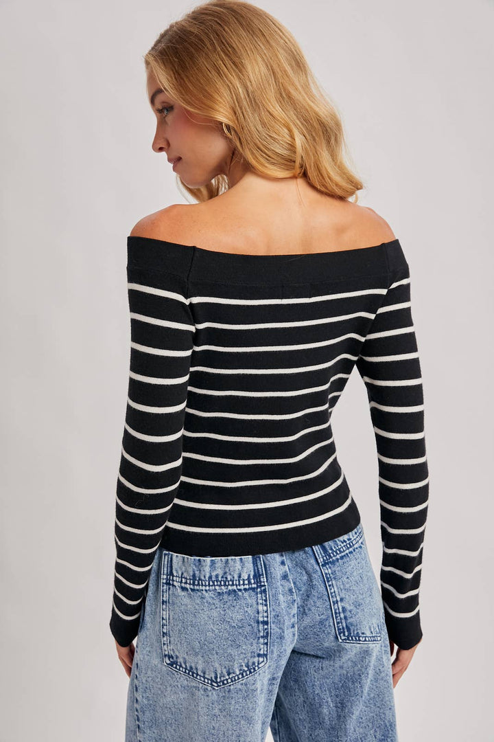 Bluivy | STRIPED OFF THE SHOULDER LONG SLEEVED KNIT TOP