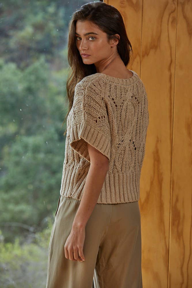 By Together | Knit Sweater Crochet Round Neck Short Sleeve Top