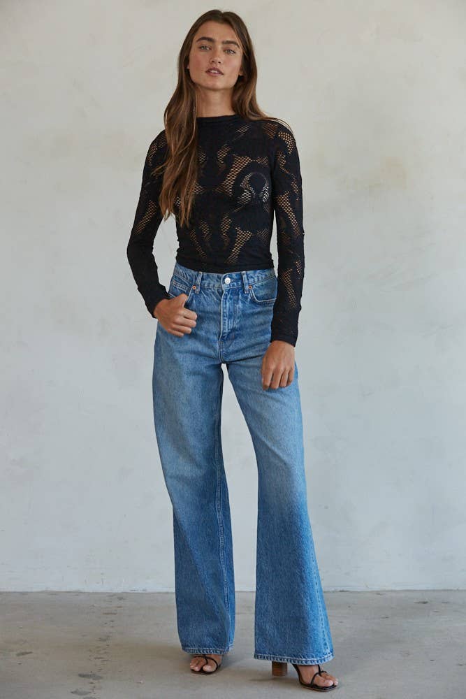 By Together | Knit Seamless Jacquard Mock Neck Long Sleeve Top