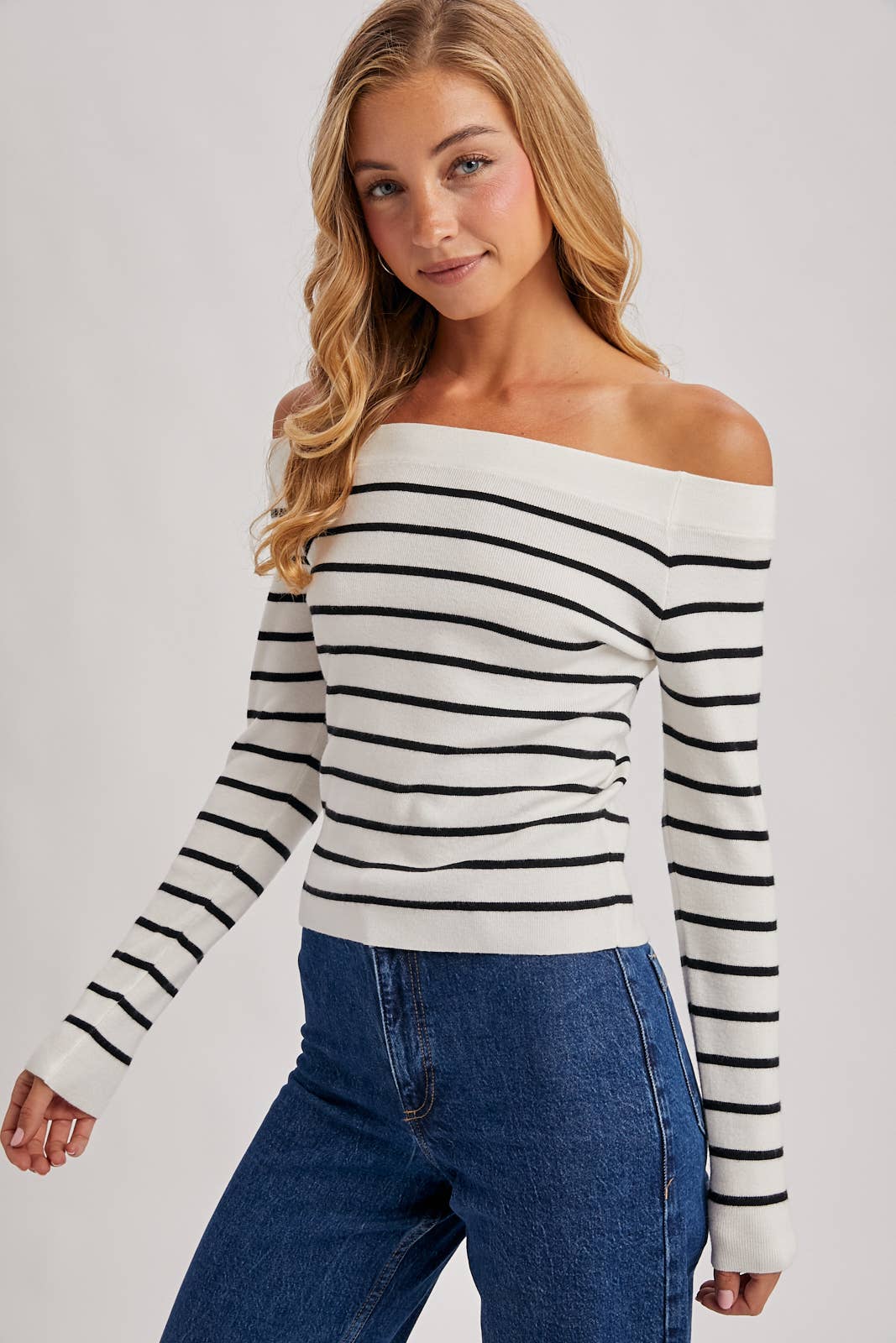 Bluivy | Striped Off The Shoulder Long Sleeved Knit Top