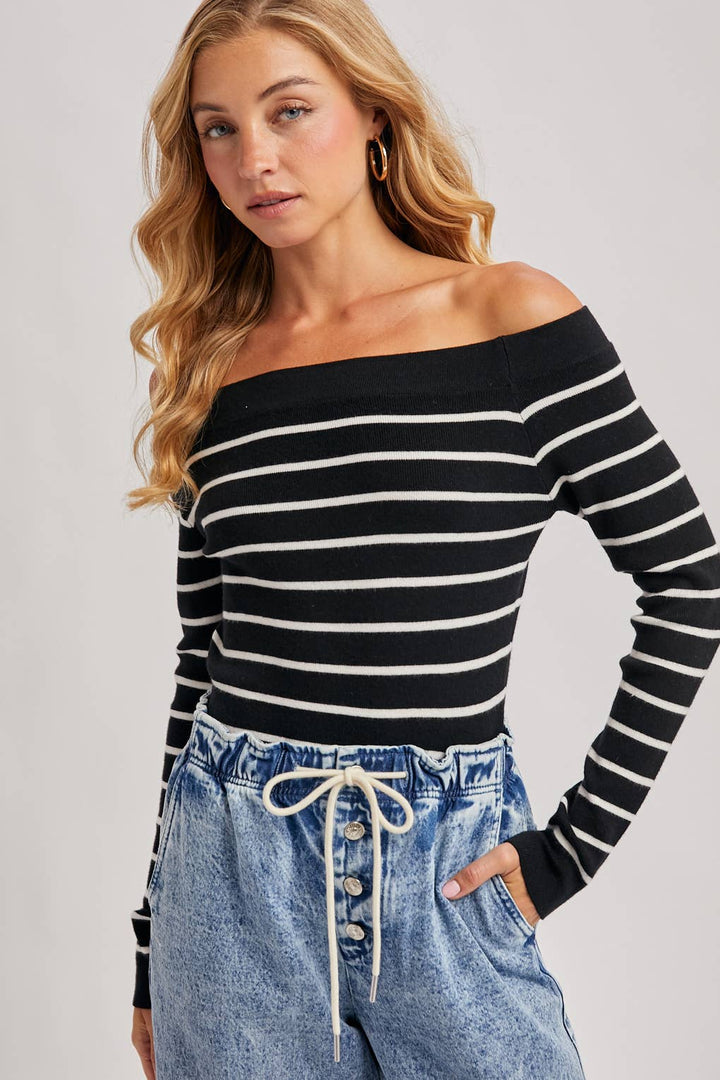 Bluivy | STRIPED OFF THE SHOULDER LONG SLEEVED KNIT TOP