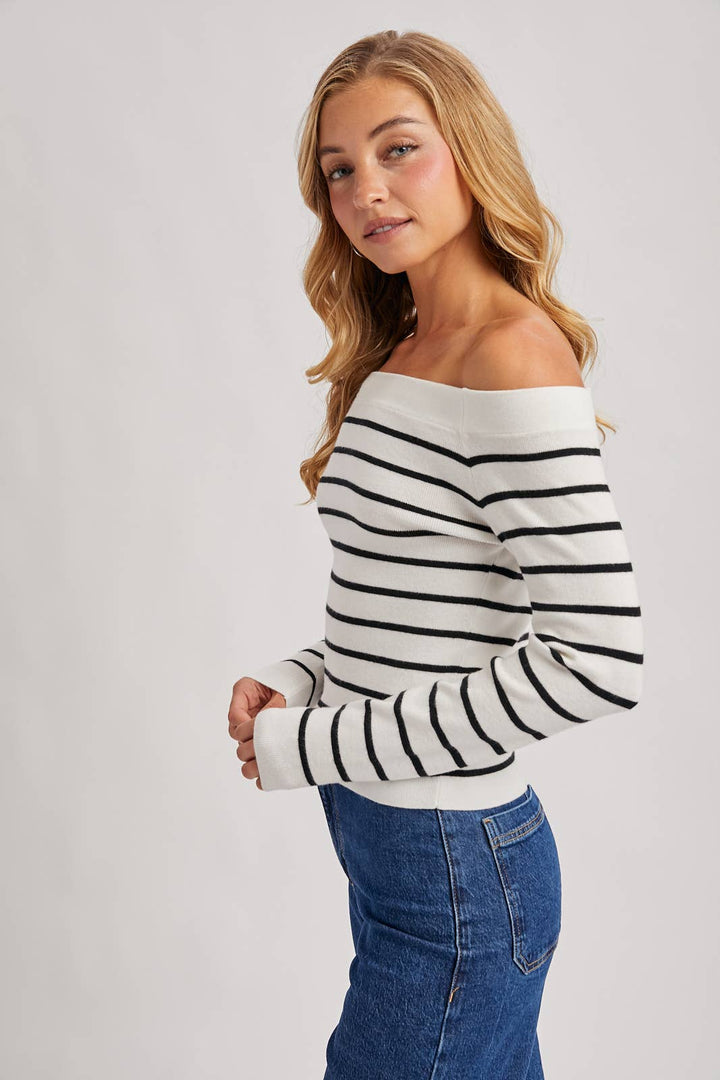 Bluivy | Striped Off The Shoulder Long Sleeved Knit Top