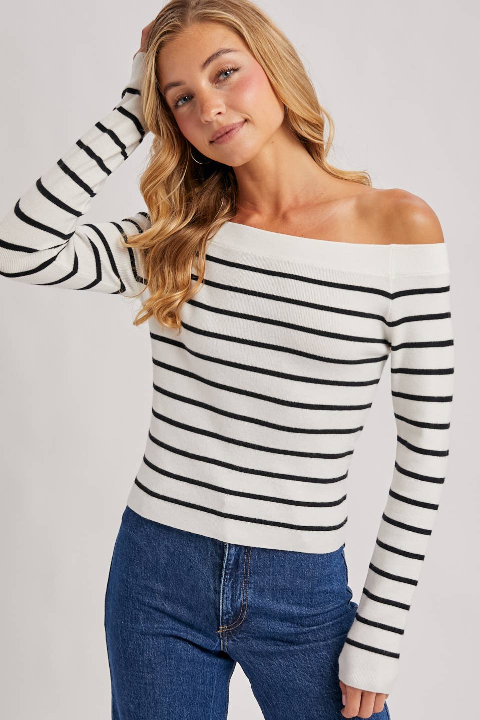 Bluivy | Striped Off The Shoulder Long Sleeved Knit Top