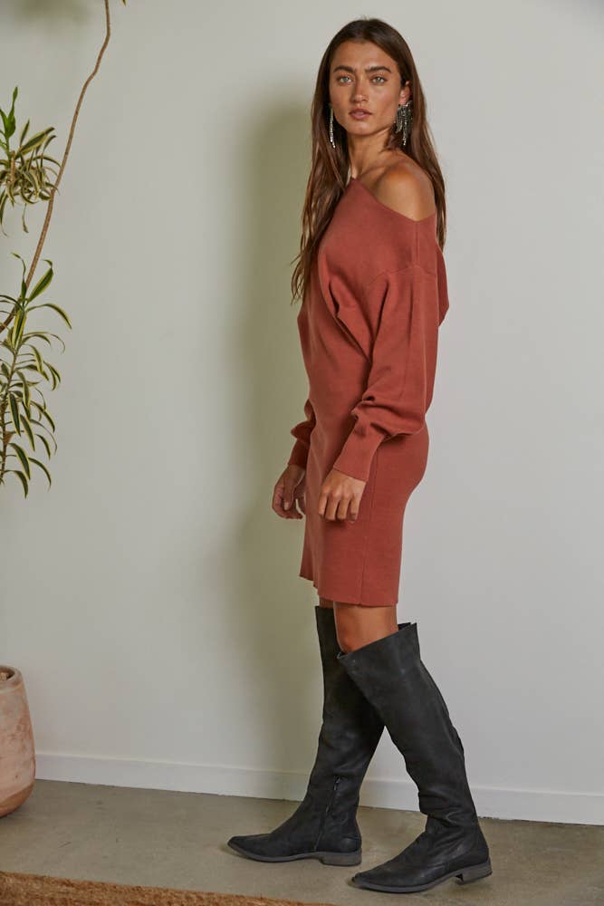By Together | Knit Sweater One Side Off The Shoulder Mini Dress