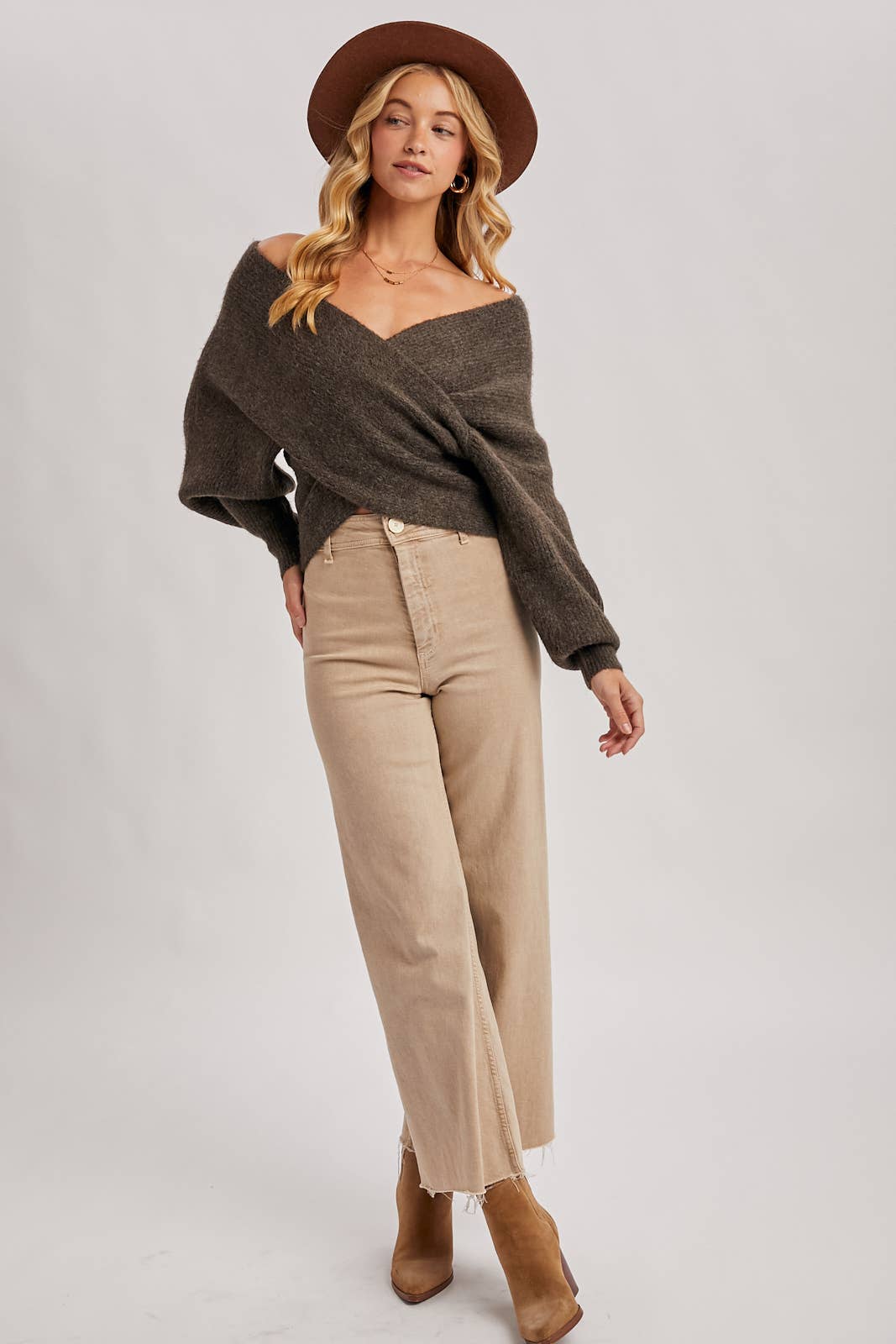 Bluivy | Wrap Crossover Ribbed Fuzzy Knit Sweater