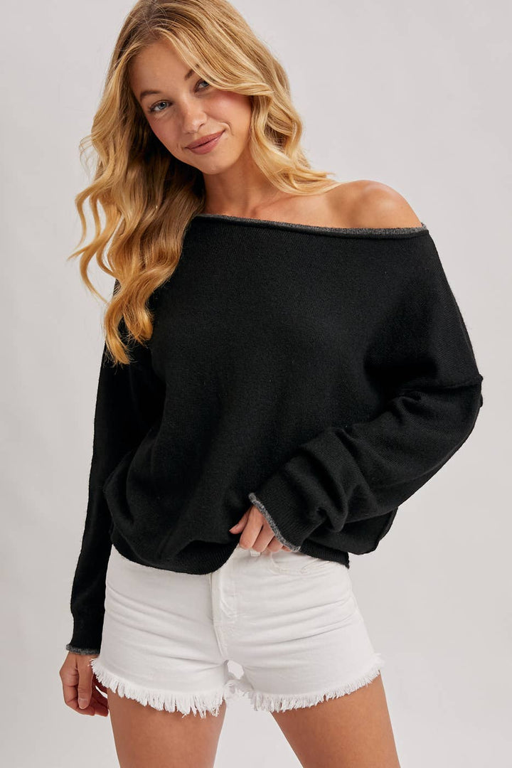 Bluivy | Boat Neck Rolled Trim Soft Heatherd Knit Pullover