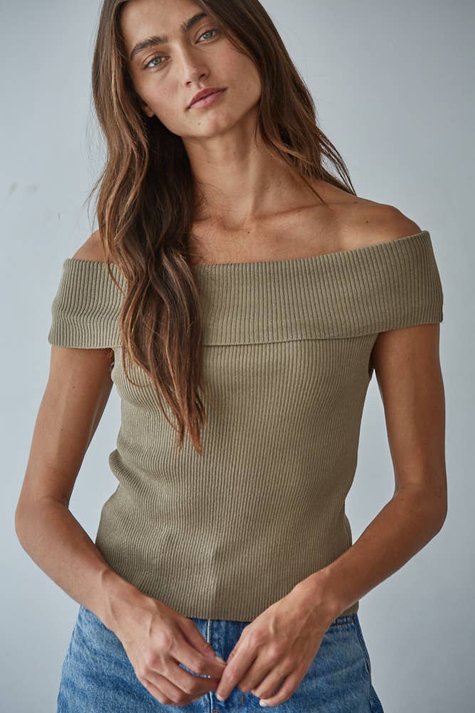 By Together | Knit Sweater Ribbed Fold Over Off The Shoulder Top