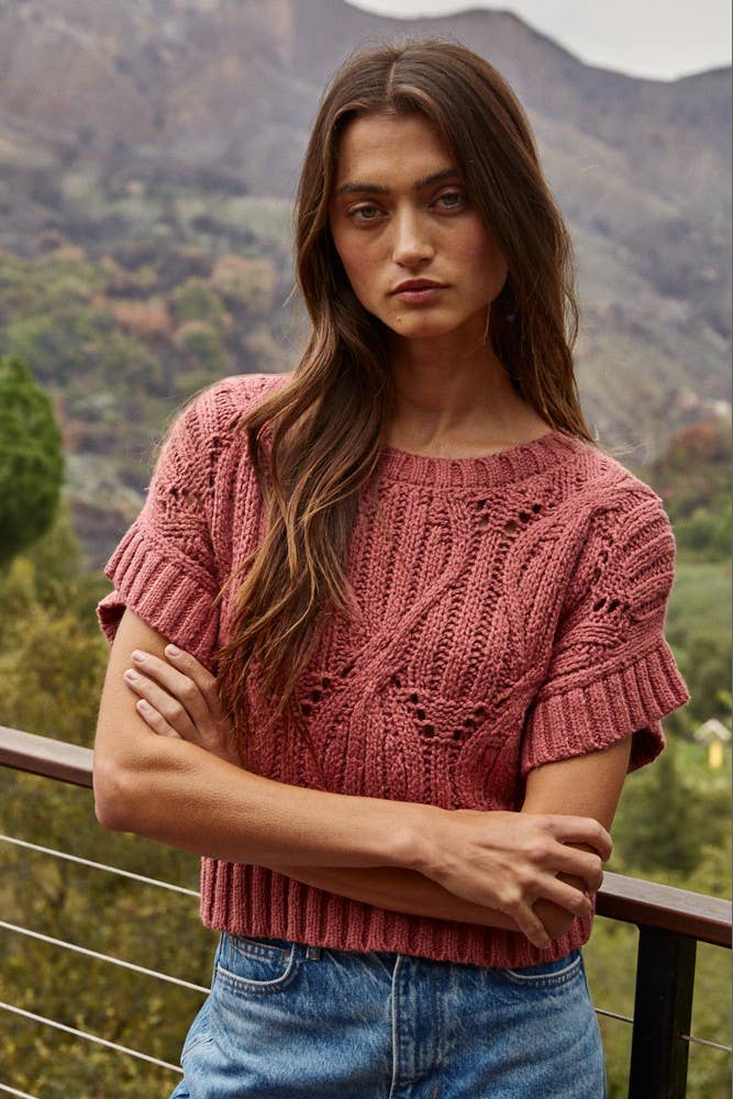 By Together | Knit Sweater Crochet Round Neck Short Sleeve Top